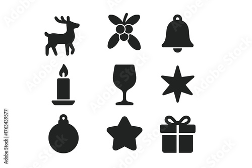 Christmas celebration silhouette icon set. featuring deer, mistletoe, bell, candle, wine, star, ornament, and gift icons
