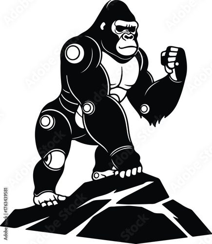 Silhouette gorilla robot standing on rock mountain vector illustration