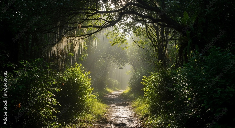 Obraz premium Path through lush green forest with sunlight