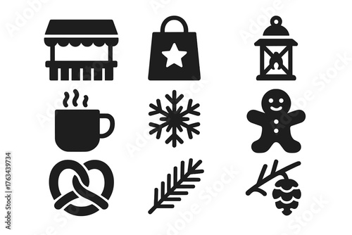 Winter market silhouette icon set. featuring stall, shopping bag, lantern, mug, snowflake, gingerbread, pretzel, fir branch, pinecone