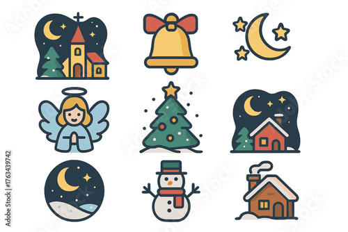 Holiday celebration flat icon set. featuring church, bell, moon, angel, tree, house, snowman, night sky