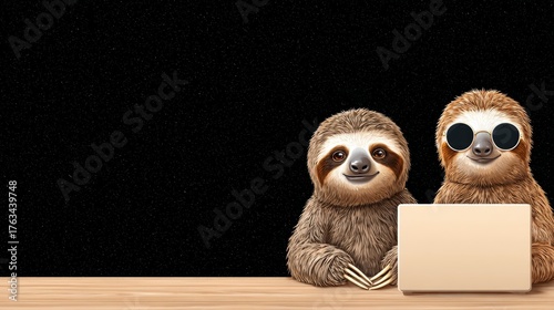 Two Relaxed Sloths in Sunglasses Working on a Laptop, Lazy Cyberpop Business Scene with a Fun and Whimsical Vibe Perfect for Playful Marketing