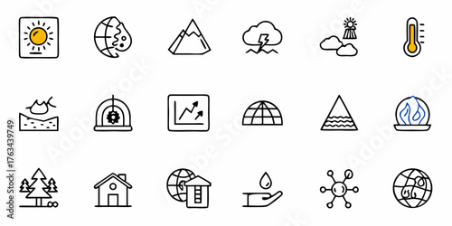 Explore climate change with these simple line icons depicting rising temperatures, melting ice caps, and renewable energy sources to inspire environmental awareness