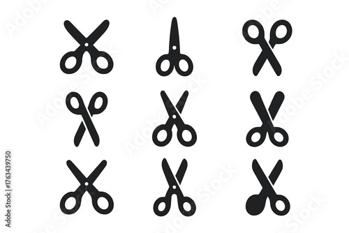 Cutting tools silhouette icon set. featuring various scissors in different styles and orientations