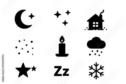 Nighttime silhouette icon set. featuring moon, stars, house, snowfall, star, candle, zz, snowflake