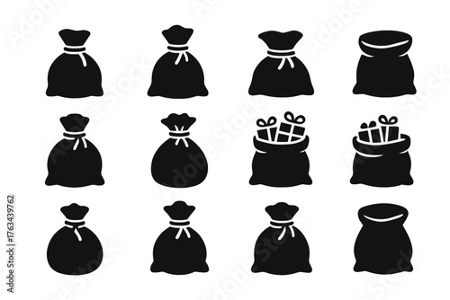 Gift bags silhouette icon set. featuring bag, present, sack, ribbon, tied, surprise, holiday, decorative, container, christmas icons
