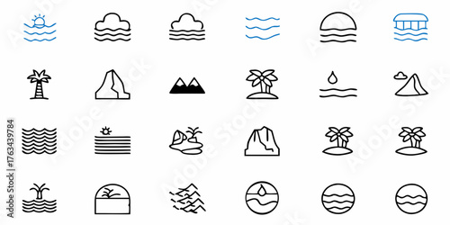 Explore stunning tropical landscapes with these minimal line icons perfect for travel blogs, tourism websites, and nature-themed apps offering a touch of serene beauty