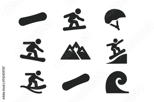 Winter sports silhouette icons set. featuring snowboard, skier, mountain, and paragliding symbols