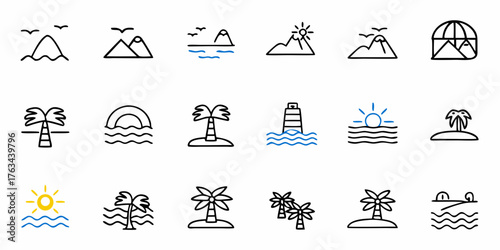 Escape to Paradise with this Minimalist Tropical Island and Mountain Icon Set, Perfect for Travel Blogs, Summer Vacation Planning, or Beach Resort Branding