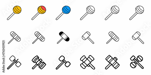 Delightful toy hammer icons ideal for children's designs, playful game interfaces, and creative educational resources with whimsical, colorful, and outline variations