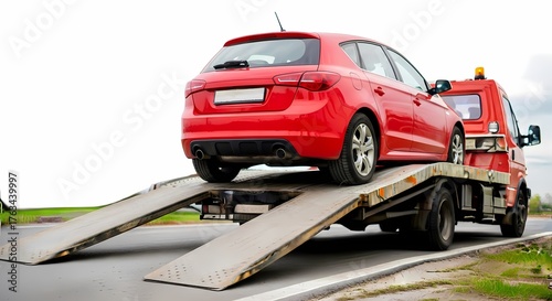 Red Car Being Towed onto Flatbed Tow Truck for Emergency Roadside Assistance Service