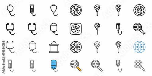Essential medical equipment icons for healthcare professionals, representing stethoscopes, surgical lights, IV bags, and diagnostic tools for modern medical practices