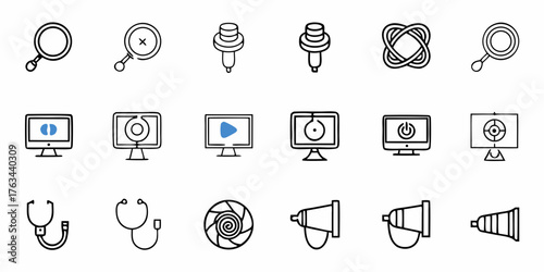 Diverse icon set showcasing medical, business, technology, and communication elements, perfect for web design, app development, and presentations with modern visuals