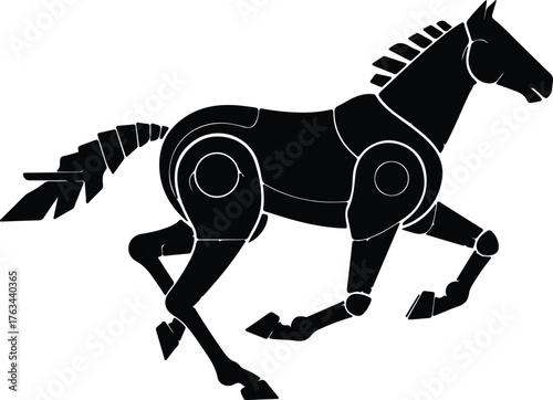 Silhouette mechanical horse running gracefully on isolated white background vector illustration