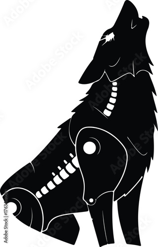 Silhouette mechanical wolf howling in black and white vector illustration