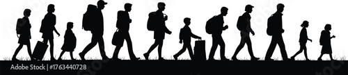 Silhouette migration journey, people walking, travel group, age diversity, black vector art, cad drawing flat vector illustration, minimal design
