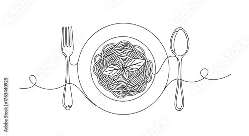 An Elegant One Continuous Line Drawing of a Delicious Plate of Spaghetti with Basil and Utensils