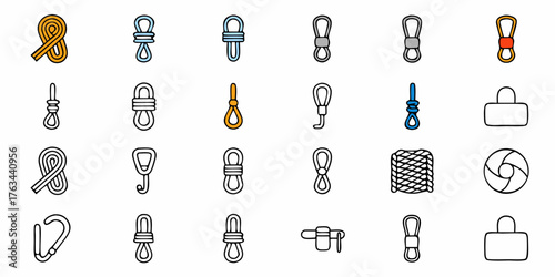 Essential climbing safety equipment icons for adventurers needing rope, carabiners, and secure knots for rock climbing and mountaineering in outdoor pursuits