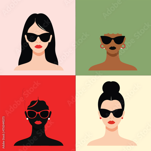A modern flat design collage of four diverse stylish women wearing fashionable black cateye sunglasses.