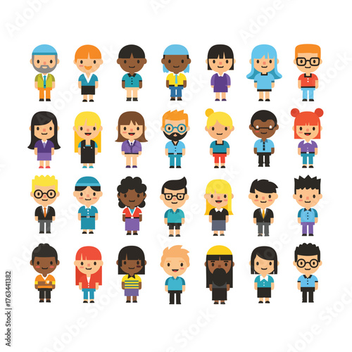A large set of diverse and multicultural cartoon character avatars in a flat vector style.