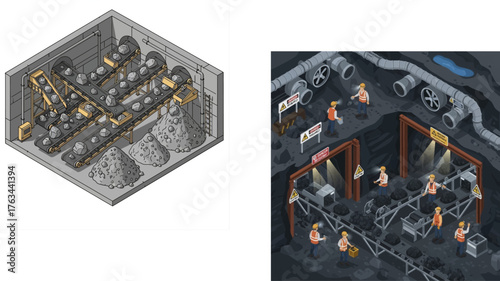 Detailed illustration of a mining operation with machinery and equipment.