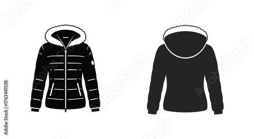 Black and white outline of two quilted winter coats with hoods