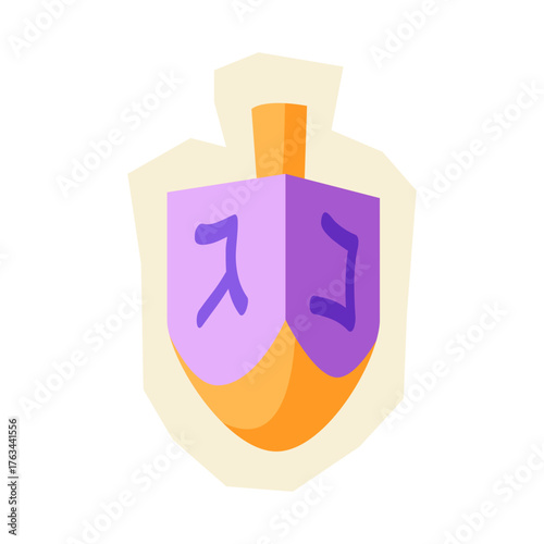 Happy Hanukkah dreidel sticker. Holiday icon in cartoon style.
