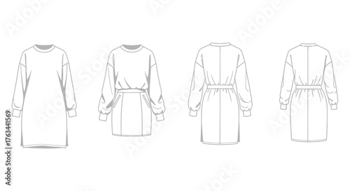 Fashion technical sketch of a loose fitting belted sweater dress design