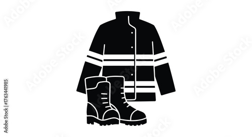 A black and white illustration of firefighter gear including boots and jacket