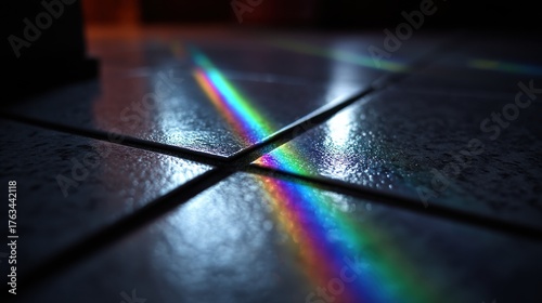 Abstract play of rainbow spectrum reflecting prism light on wet tile floor indoors for creative backdrop