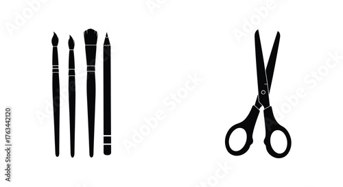 A simple arrangement of art supplies including brushes and scissors