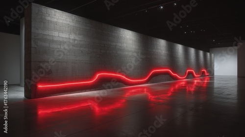 Captivating Modern Art Installation Red Neon Line Reflecting on Polished Concrete Gallery Floor