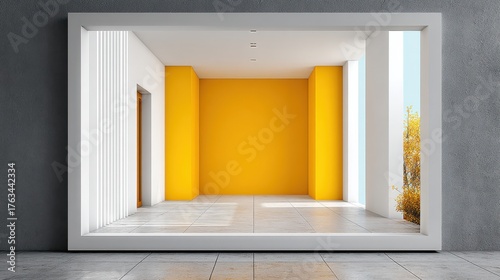 Modern interior design with yellow accent wall in minimalistic space with natural light and sleek concrete background framing autumn trees