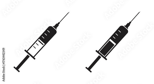 Two black and white illustrations of medical syringes displayed diagonally