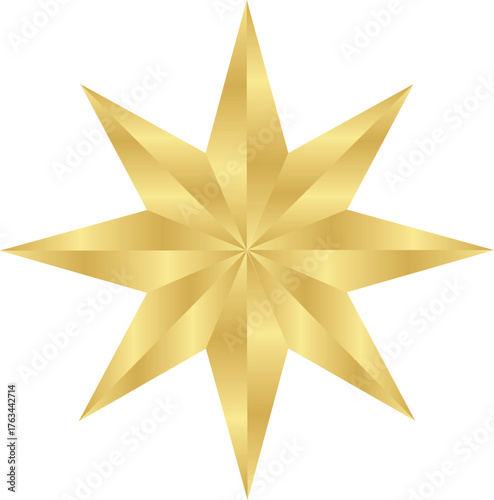 Golden eight pointed star illustration shiny vector graphic element isolated on a clean white background