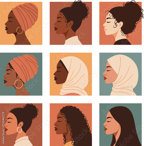 Illustrated grid of diverse multicultural women in profile showcasing different ethnicities hairstyles and headwear.