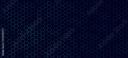 Futuristic hexagonal pattern with blue outlines on dark background. Modern digital texture in geometric style for technology backdrop, wallpaper or sci-fi presentation. Vector illustration.