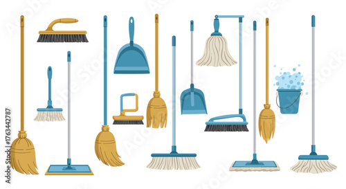 Colorful collection of various cleaning tools and equipment for household chores
