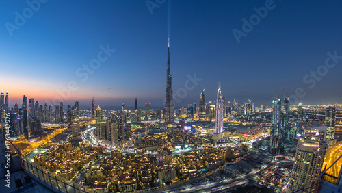 Dubai Downtown day to night timelapse view from the top in Dubai, United Arab Emirates