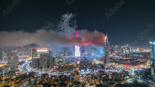 Photography Dubai Burj Khalifa New Year fireworks celebration timelapse and the Fire accident at Dubai, UAE