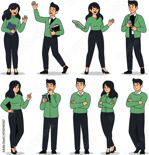 Set of cartoon business people characters in green tops and black pants depicted in various poses and activities.