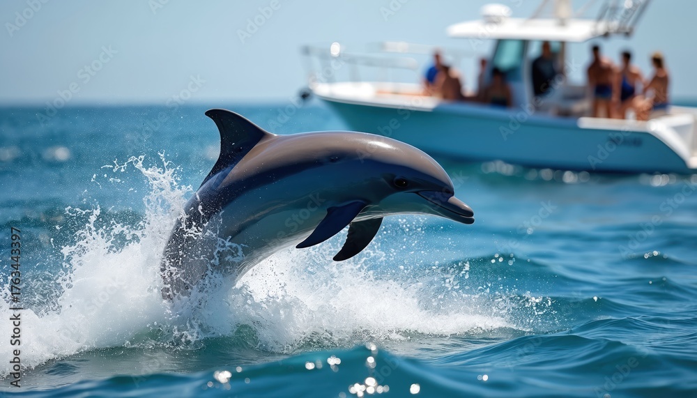 Fototapeta premium Dolphin leaps from blue ocean water near boat with passengers. Marine mammal jumps skyward, creating splash. Oceanographic wildlife adventure.