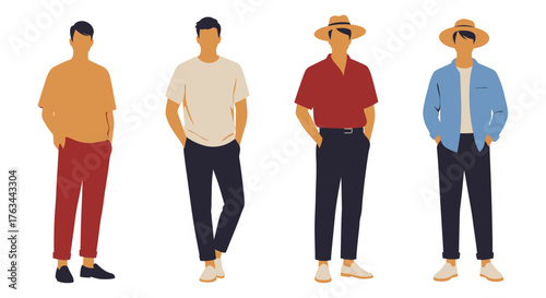 Four stylish men showcasing diverse casual summer fashion choices