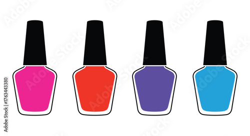 Four bottles of vibrant nail polish in varying shades displayed neatly