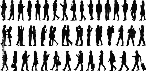 Silhouette people interacting, walking, talking, using mobile devices, social behavior scene, cad drawing flat vector illustration, urban lifestyle concept