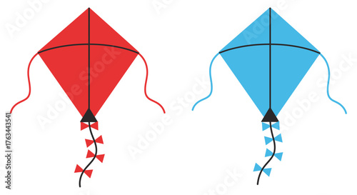 Two diamond shaped kites one red and one blue are displayed
