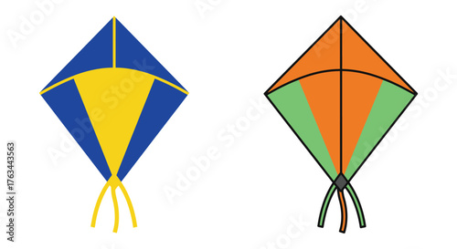 Two colorful diamond kites with different designs are illustrated here