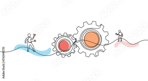 Teamwork and collaboration concept with gears and people.