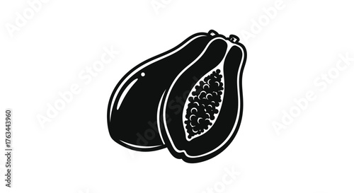 A simple black and white illustration of a halved papaya fruit