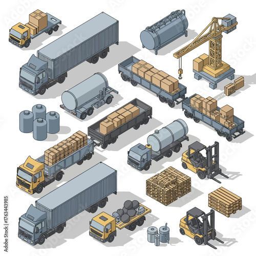 Isometric Collection of Logistics and Transportation Vehicles and Cargo.